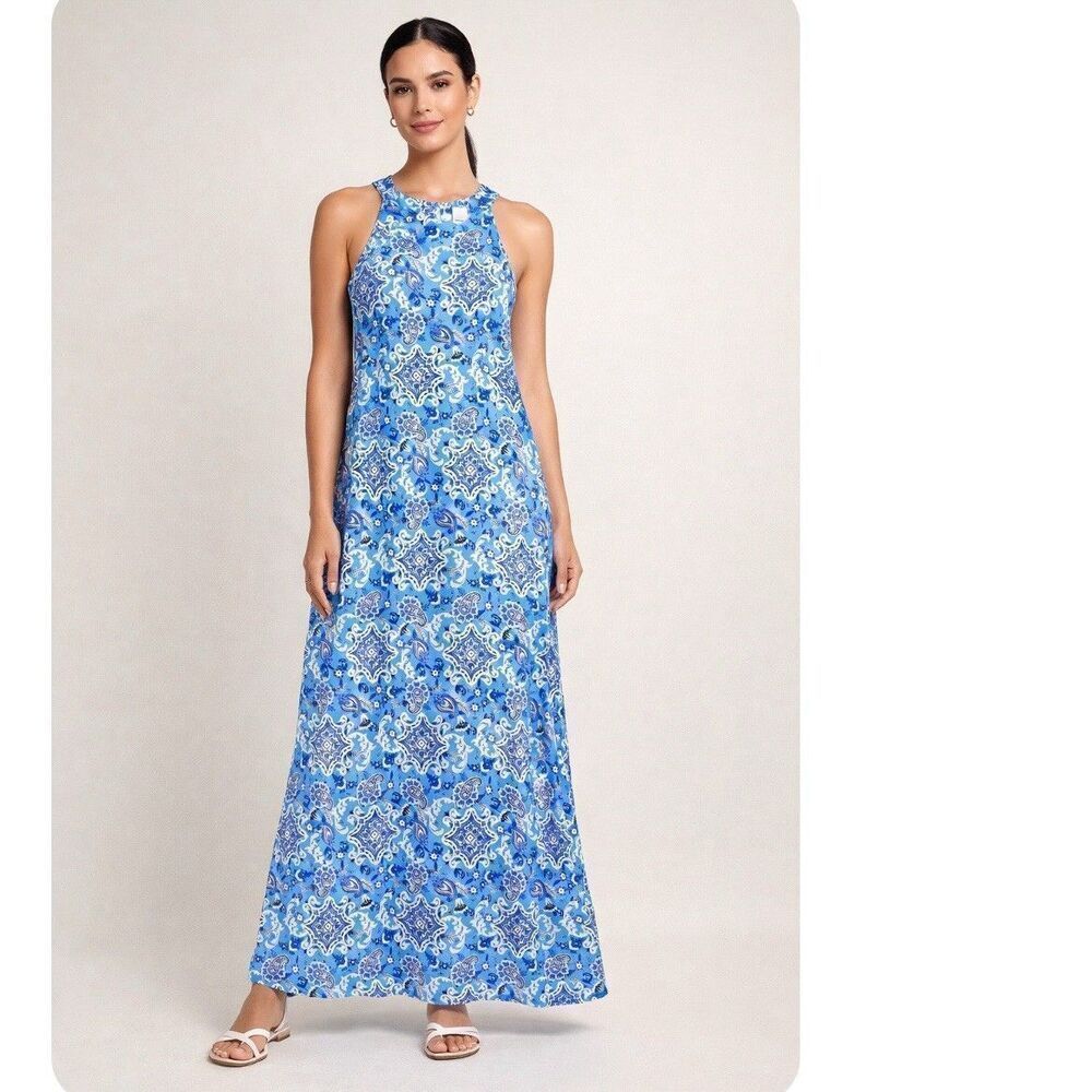 Stella Parker Blue White Paisley Stretch Sleeveless UPF 50 Maxi Dress Size L NWT